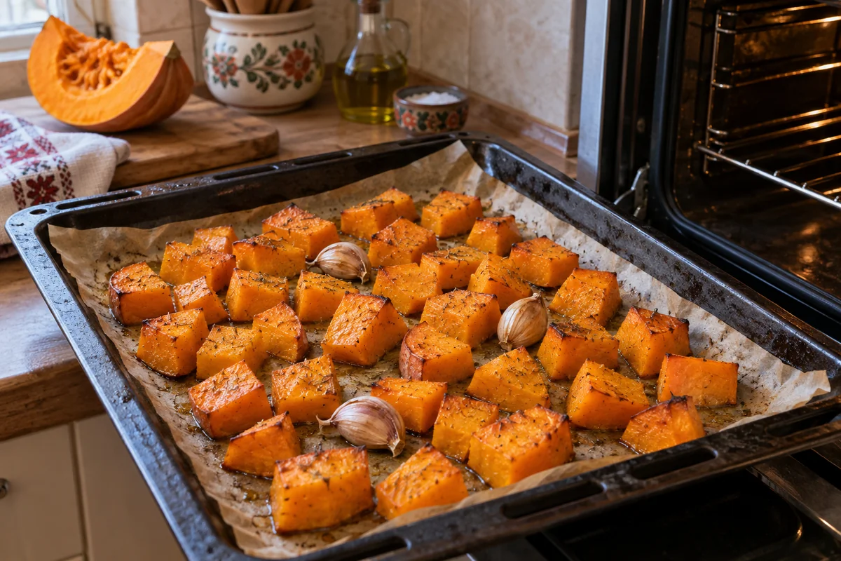 Крем супа от печена тиква: малката стъпка, която променя вкуса Кубчета печена тиква и чесън в тава.