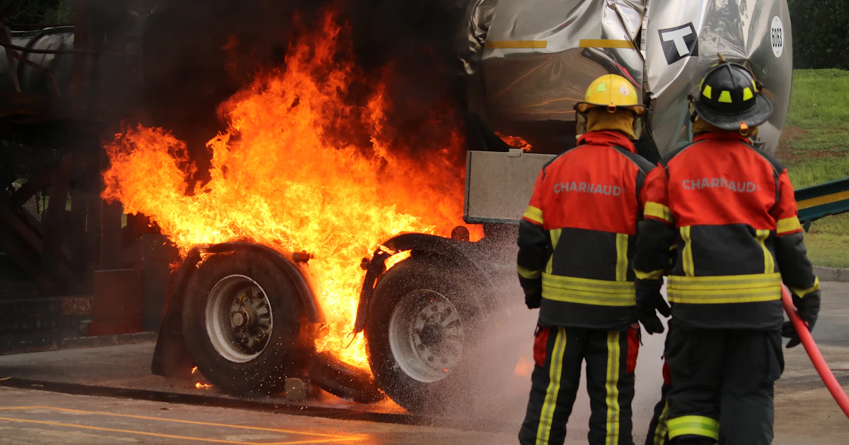 Пожарникари демонстрират действия при пожар – илюстрация към материал за превенция и обучение