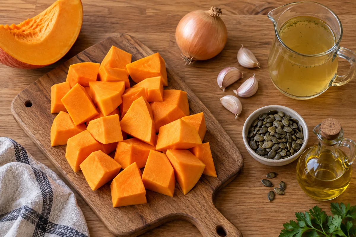 Крем супа от печена тиква: малката стъпка, която променя вкуса Тиква, лук, чесън, бульон, зехтин и тиквени семки.